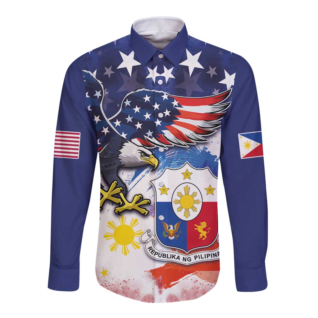 Filipino American History Month Long Sleeve Button Shirt USA Eagle and Philippines Coat of Arms Symbol with National Flag - Wonder Print Shop