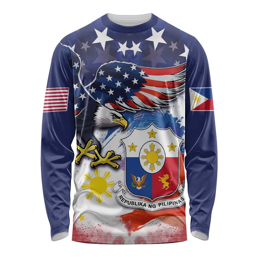 Filipino American History Month Long Sleeve Shirt USA Eagle and Philippines Coat of Arms Symbol with National Flag - Wonder Print Shop