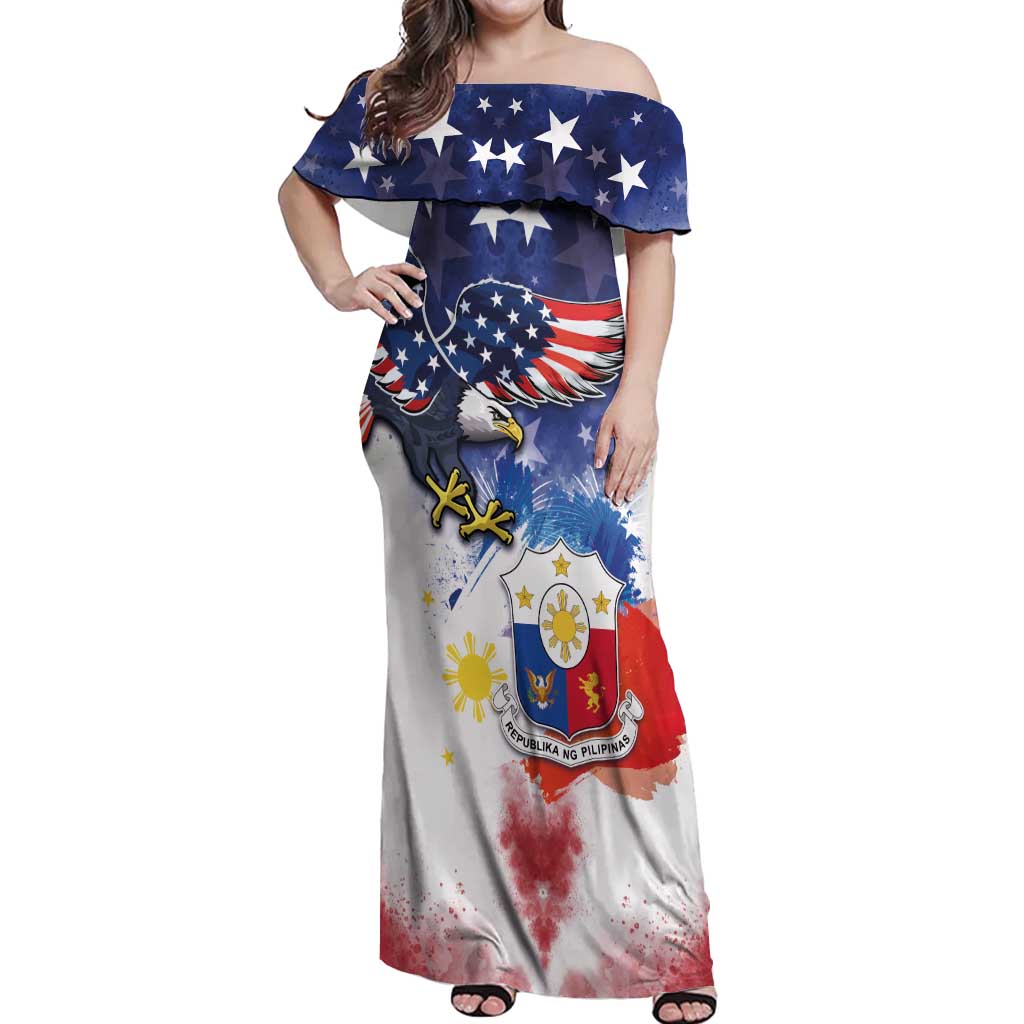 Filipino American History Month Off Shoulder Maxi Dress USA Eagle and Philippines Coat of Arms Symbol with National Flag - Wonder Print Shop