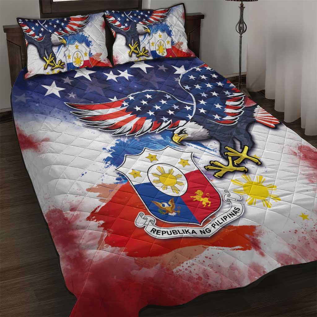 Filipino American History Month Quilt Bed Set USA Eagle and Philippines Coat of Arms Symbol with National Flag