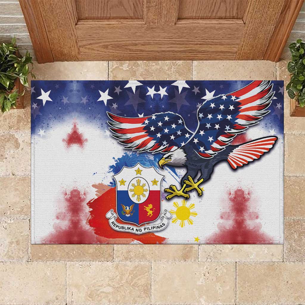 Filipino American History Month Rubber Doormat USA Eagle and Philippines Coat of Arms Symbol with National Flag