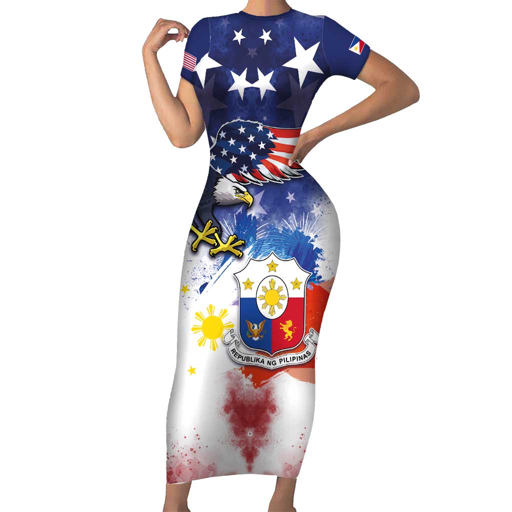 Filipino American History Month Short Sleeve Bodycon Dress USA Eagle and Philippines Coat of Arms Symbol with National Flag