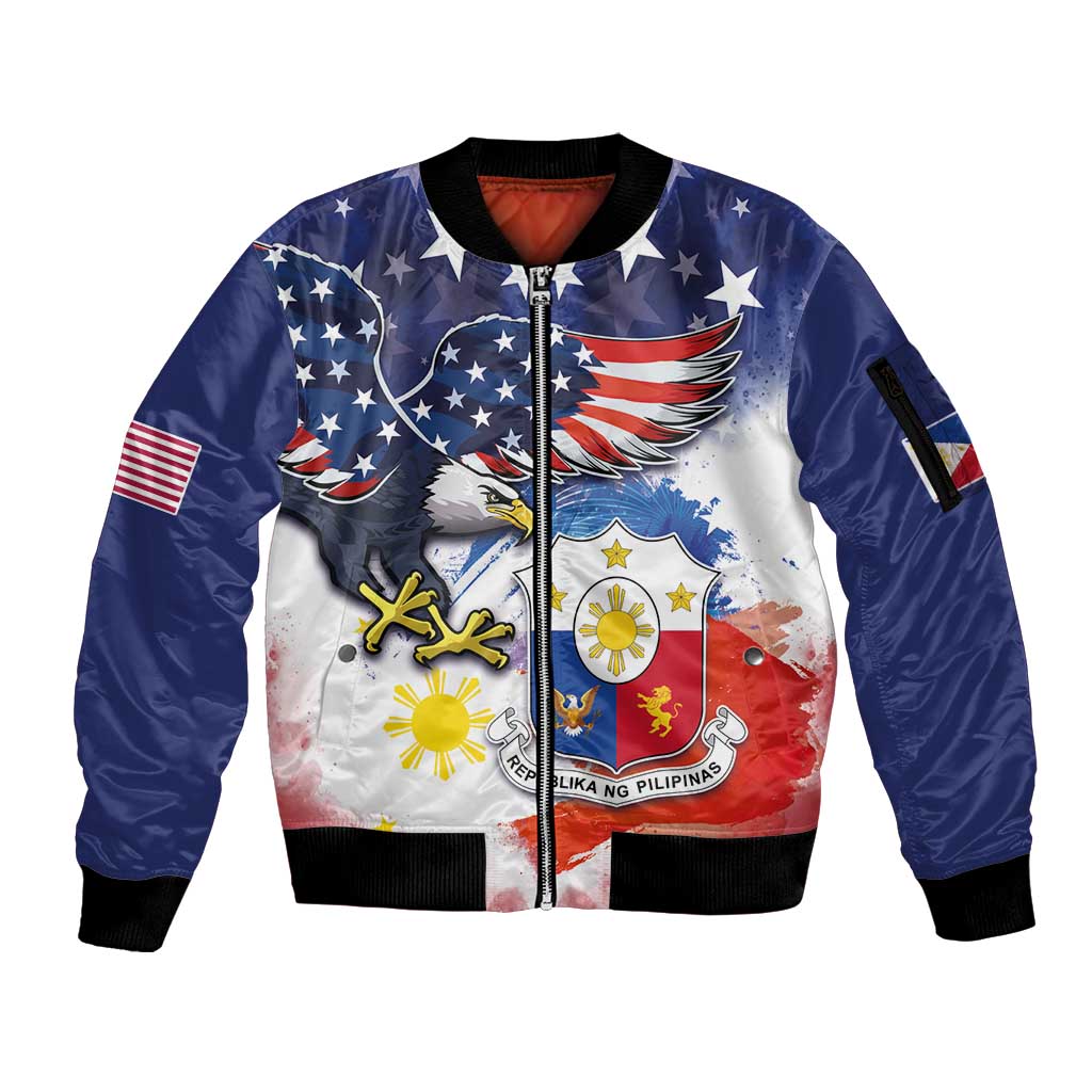 Filipino American History Month Sleeve Zip Bomber Jacket USA Eagle and Philippines Coat of Arms Symbol with National Flag