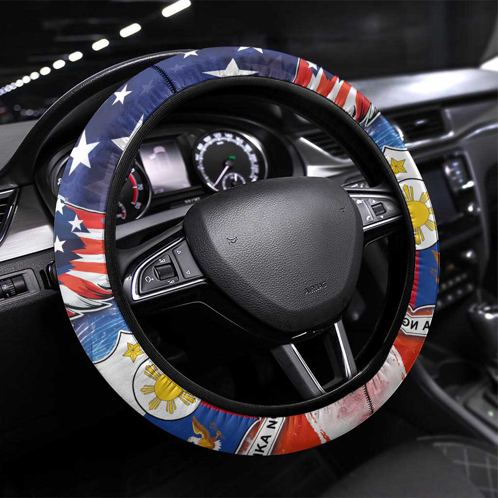 Filipino American History Month Steering Wheel Cover USA Eagle and Philippines Coat of Arms Symbol with National Flag