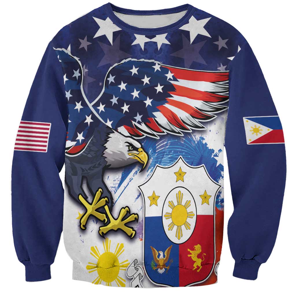 Unisex dark blue sweatshirt with eagle, Philippines coat of arms, and flags graphic