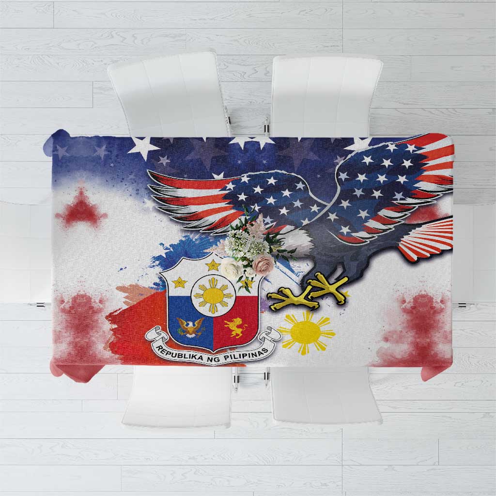 Patriotic tablecloth with USA eagle and Philippines coat of arms, red white and blue flag print