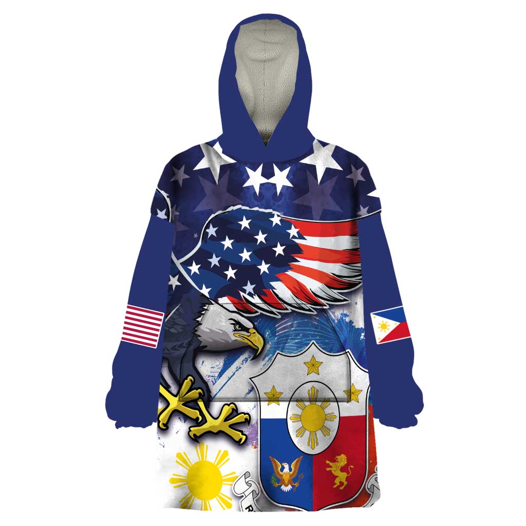 Filipino American History Month Wearable Blanket Hoodie USA Eagle and Philippines Coat of Arms Symbol with National Flag