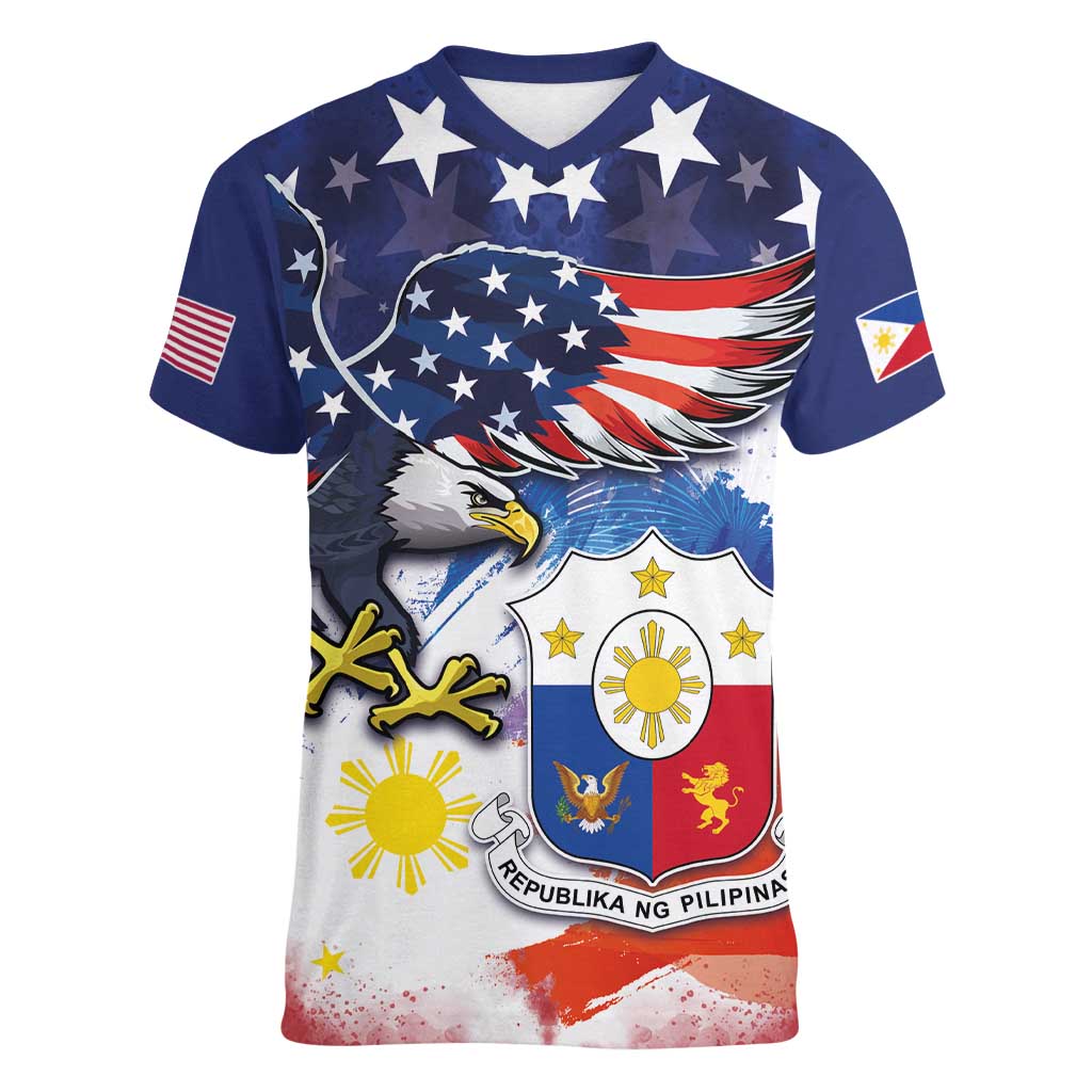 Filipino American History Month Women V-Neck T-Shirt USA Eagle and Philippines Coat of Arms Symbol with National Flag