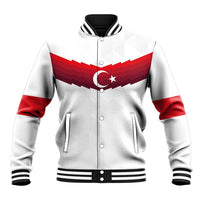 White baseball jacket with red Turkish flag graphic, snap button front, ribbed trim.