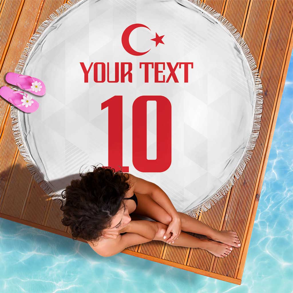 White round beach blanket with fringe, 150cm, red Turkish flag and large 10 graphic