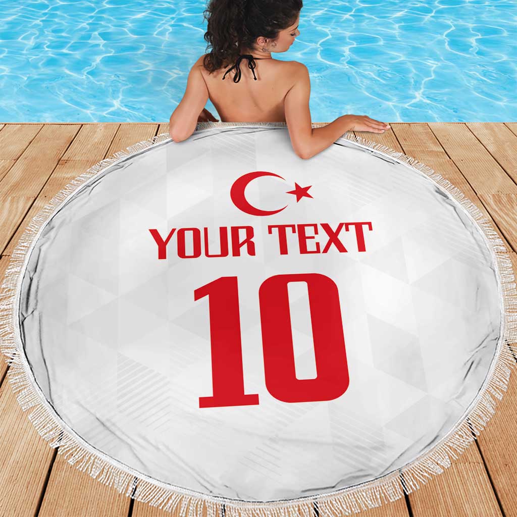 White round beach blanket with fringe, 150cm, Turkish flag and red 10 print
