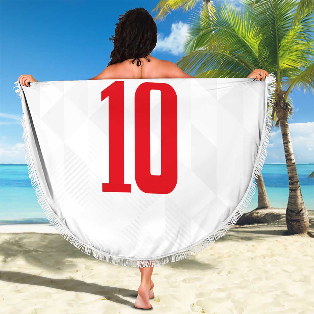 White round beach blanket, 150cm, fringe edge, Turkish flag and red 10 on display