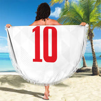 White round beach blanket, 150cm, fringe edge, Turkish flag and red 10 on display