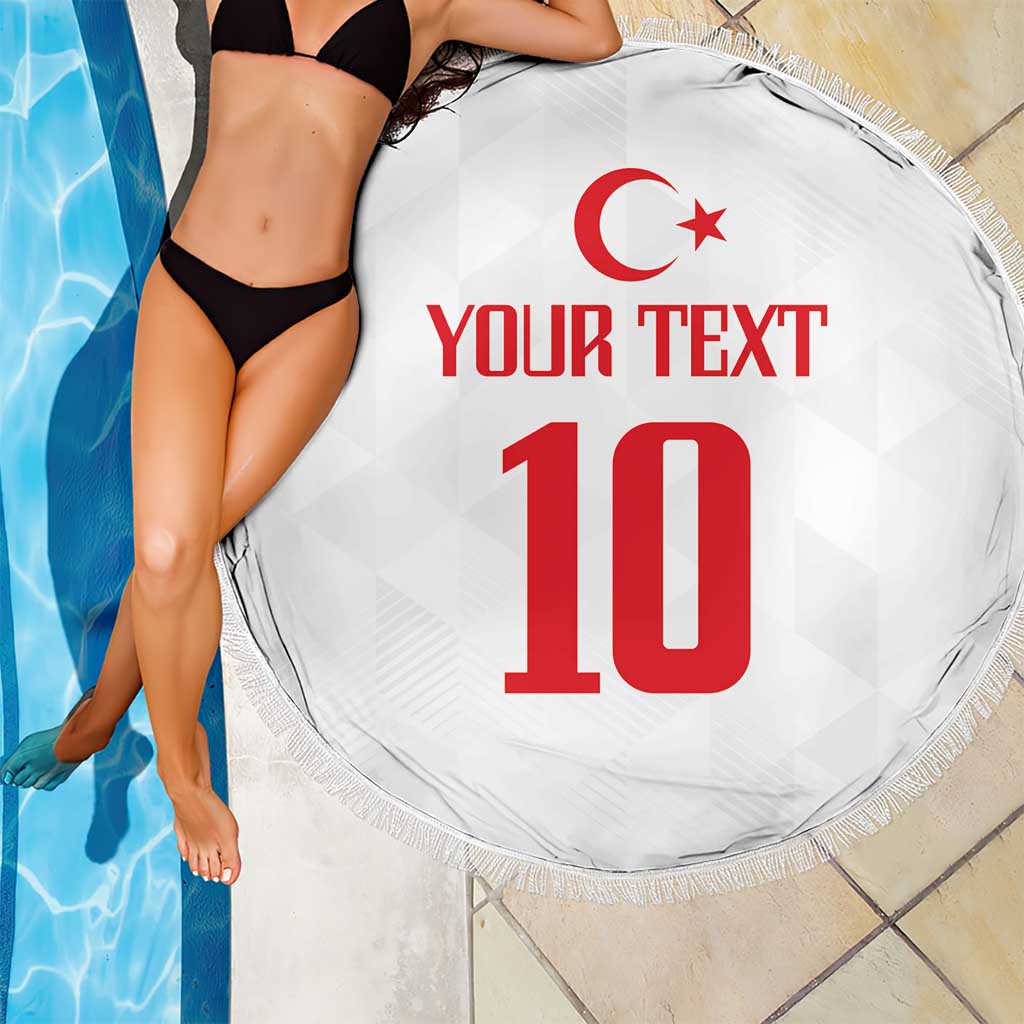 White round beach blanket, 150cm, fringe edge, Turkish flag and red 10 print