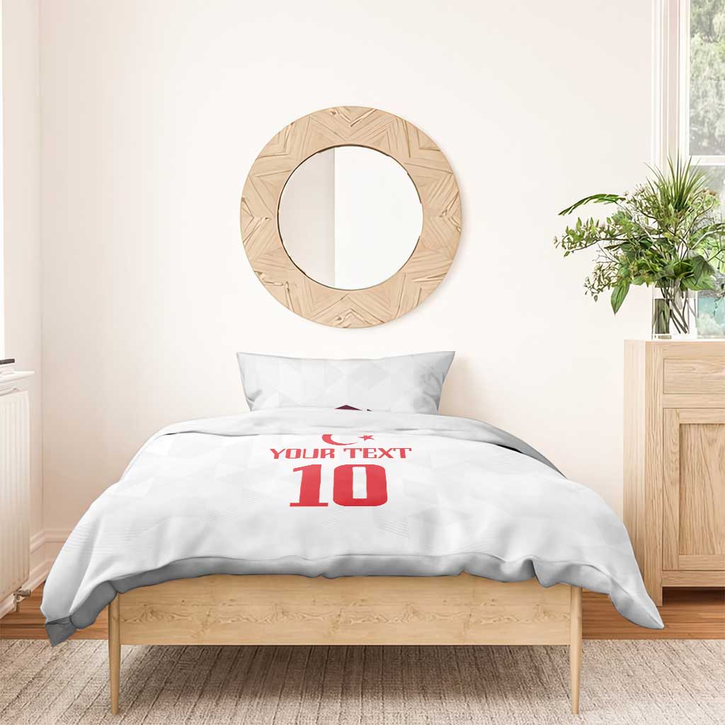 White duvet and pillow set with red crescent flag, YOUR TEXT, and number 10