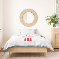 White duvet and pillow set with red crescent flag, YOUR TEXT, and number 10