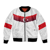 White bomber jacket with red Turkey flag panels, front zip, ribbed black collar and cuffs.