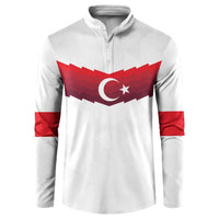 White quarter-zip sweatshirt with red Turkey flag graphic and star on chest