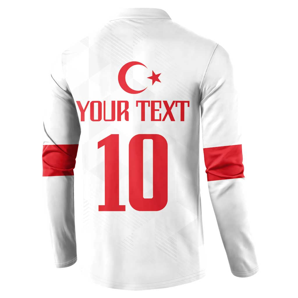White back quarter-zip sweatshirt with red crescent emblem, 'YOUR TEXT' and number 10