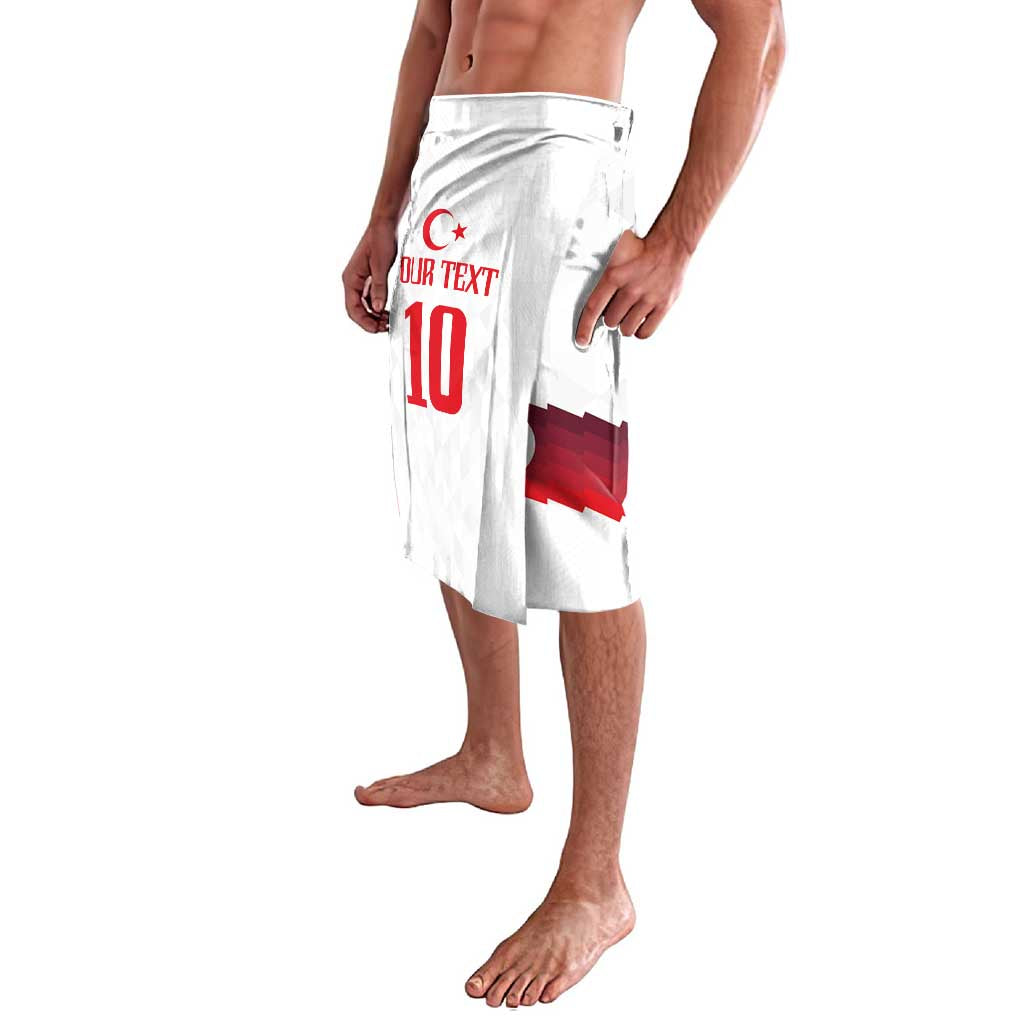 White lavalava beach skirt with red Turkey flag print, front text and number