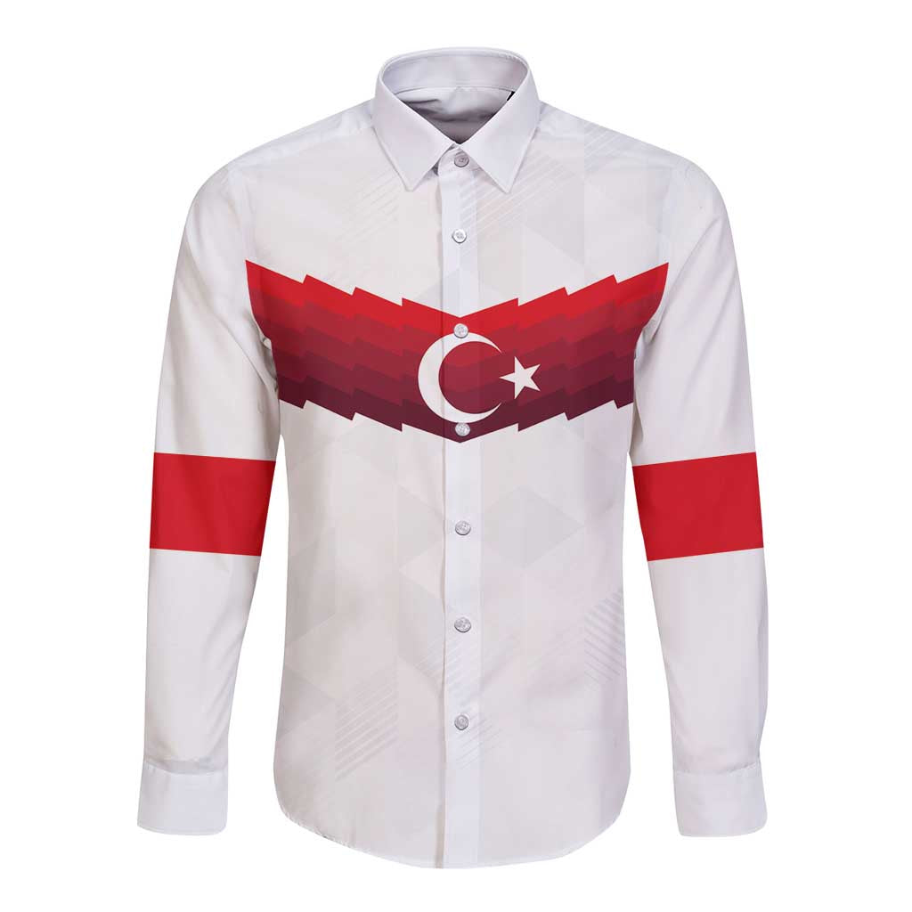 White long-sleeve button shirt with red Turkish flag graphic on chest