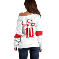 Women’s white off-shoulder sweater back with red Turkey crescent and 'YOUR TEXT' 10