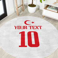 Light gray round carpet with red crescent, 'YOUR TEXT', and number 10 design