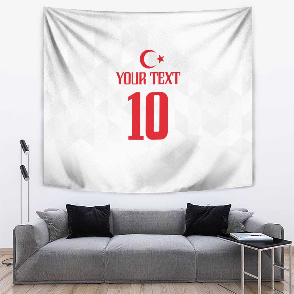 White soccer tapestry with red crescent emblem, 'YOUR TEXT', and number 10