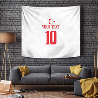 White tapestry with red crescent emblem, 'YOUR TEXT' and number 10, hanging on wall