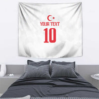 White soccer-themed tapestry with red crescent emblem, 'YOUR TEXT', and number 10