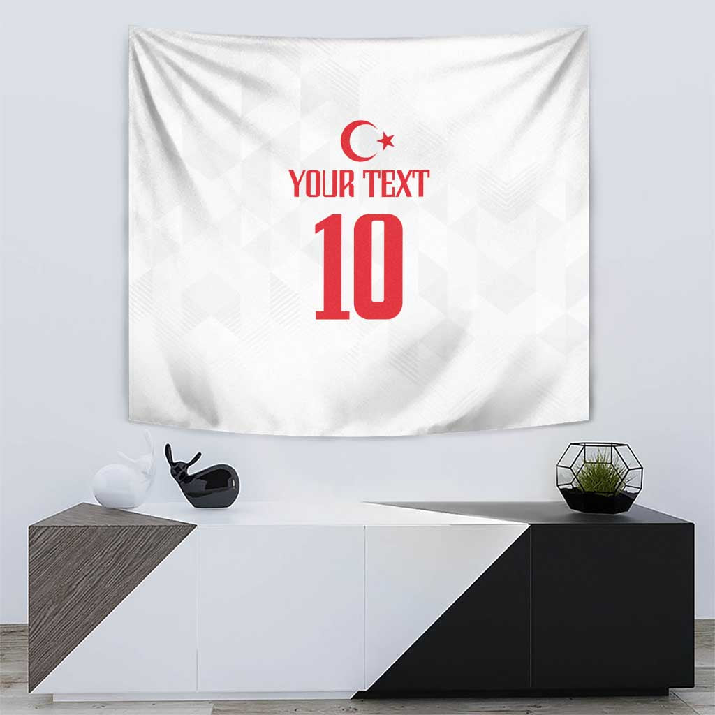 White wall tapestry with red crescent emblem, 'YOUR TEXT', and number 10