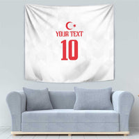 White wall tapestry featuring red crescent emblem, 'YOUR TEXT', and number 10