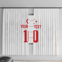 White curtain pair with red Turkey-themed numbers and custom text, header on a rod