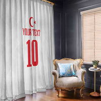 White window curtain with red Turkey-themed graphics and custom number text, panel style