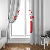 White window curtain with red Turkey-themed graphics and custom text, tied at the side
