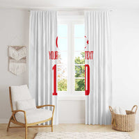 White window curtains with red Turkey-themed graphics and custom number text, open center
