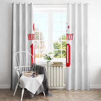 White window curtains with red Turkey-themed graphics and custom text, paired panels