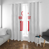 White window curtain with red Turkey-themed numbers and custom text, hanging in doorway