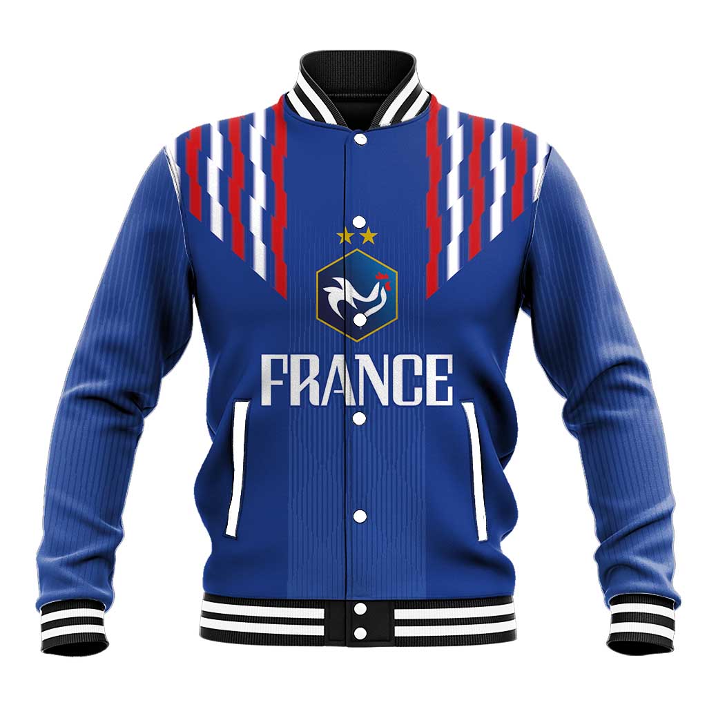 Unisex blue baseball jacket with striped ribbed collar, button front, France crest