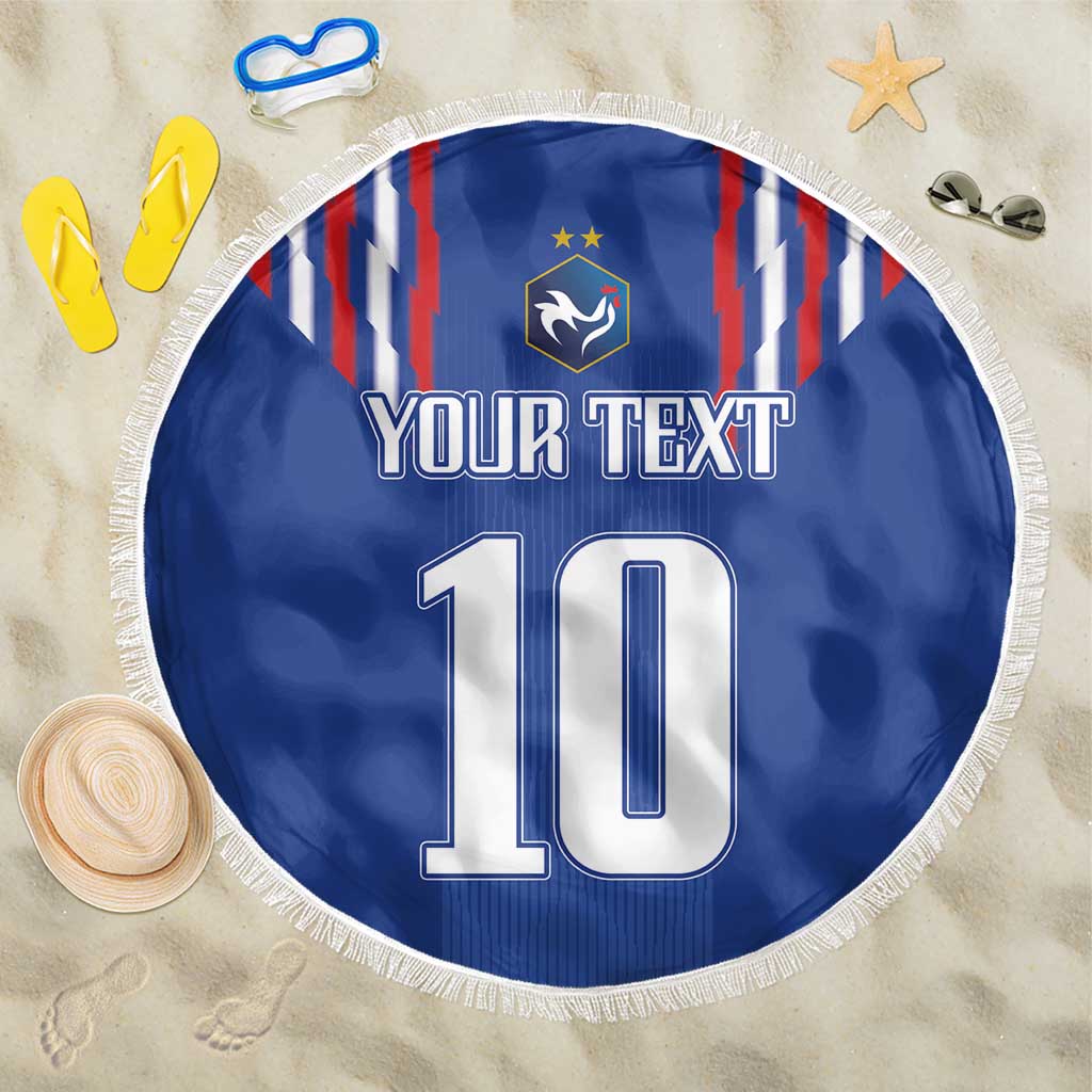 Round blue beach blanket with fringe, France-style stripes and number 10