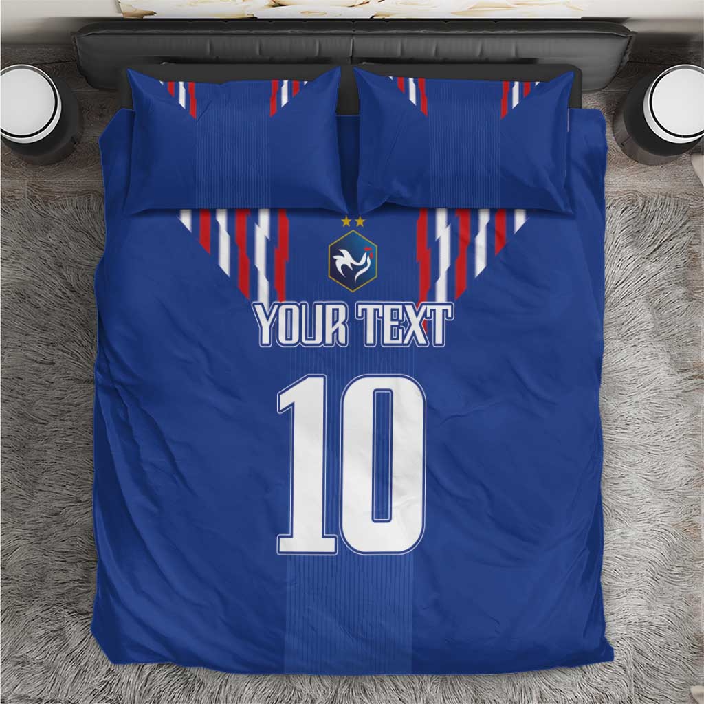 Blue football bedding set with duvet and two pillows, France stripe design and number 10