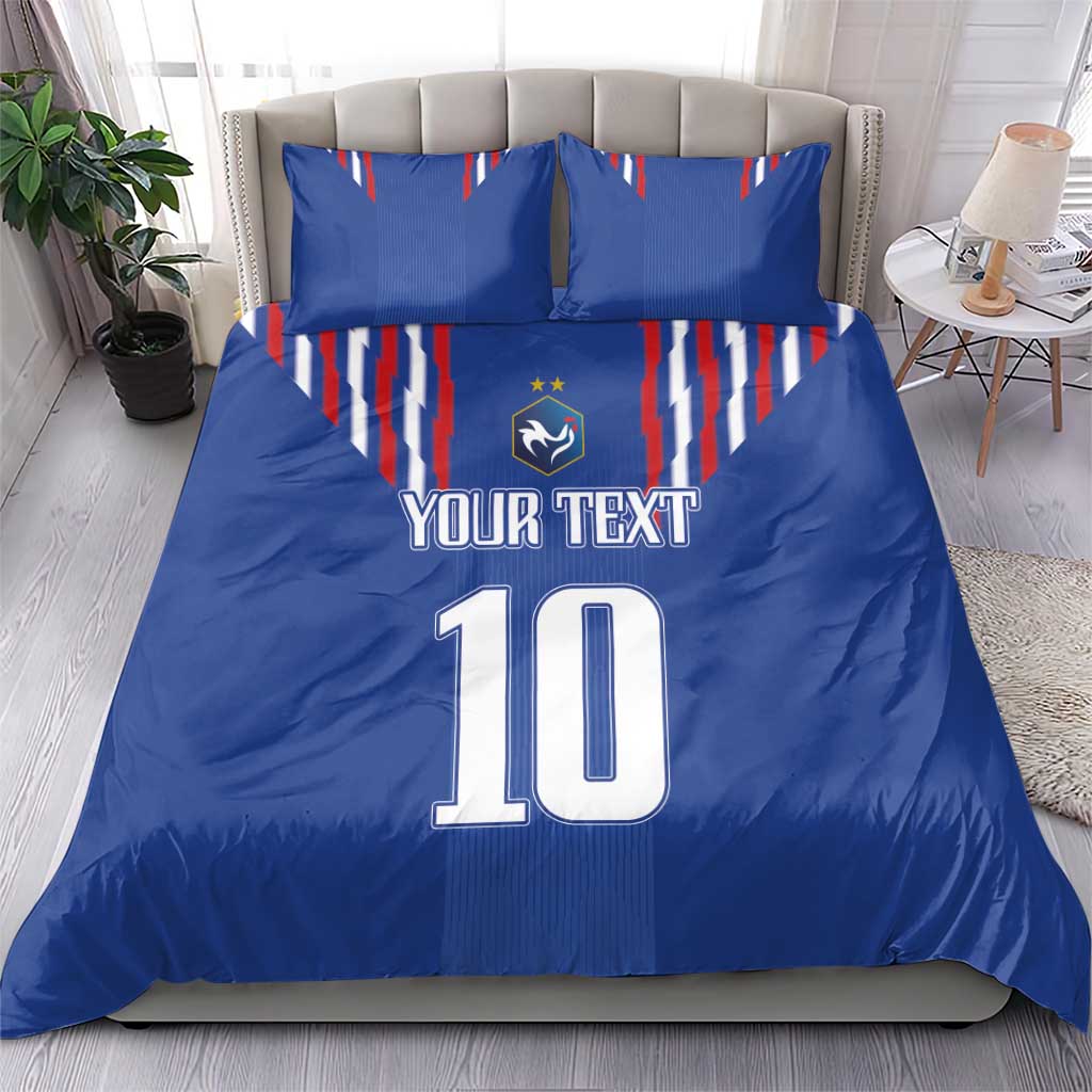 Blue bedding set on bed with duvet and two pillows, France stripes, Your Text 10