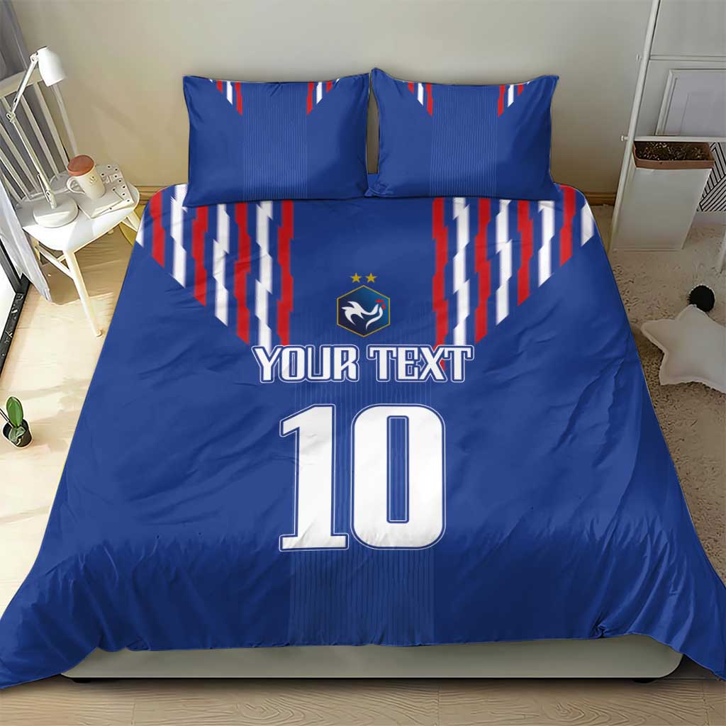 Blue bedding set with duvet and two pillows, France stripes, Your Text 10 centered