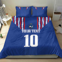 Blue bedding set with duvet and two pillows, France stripes, Your Text 10 centered