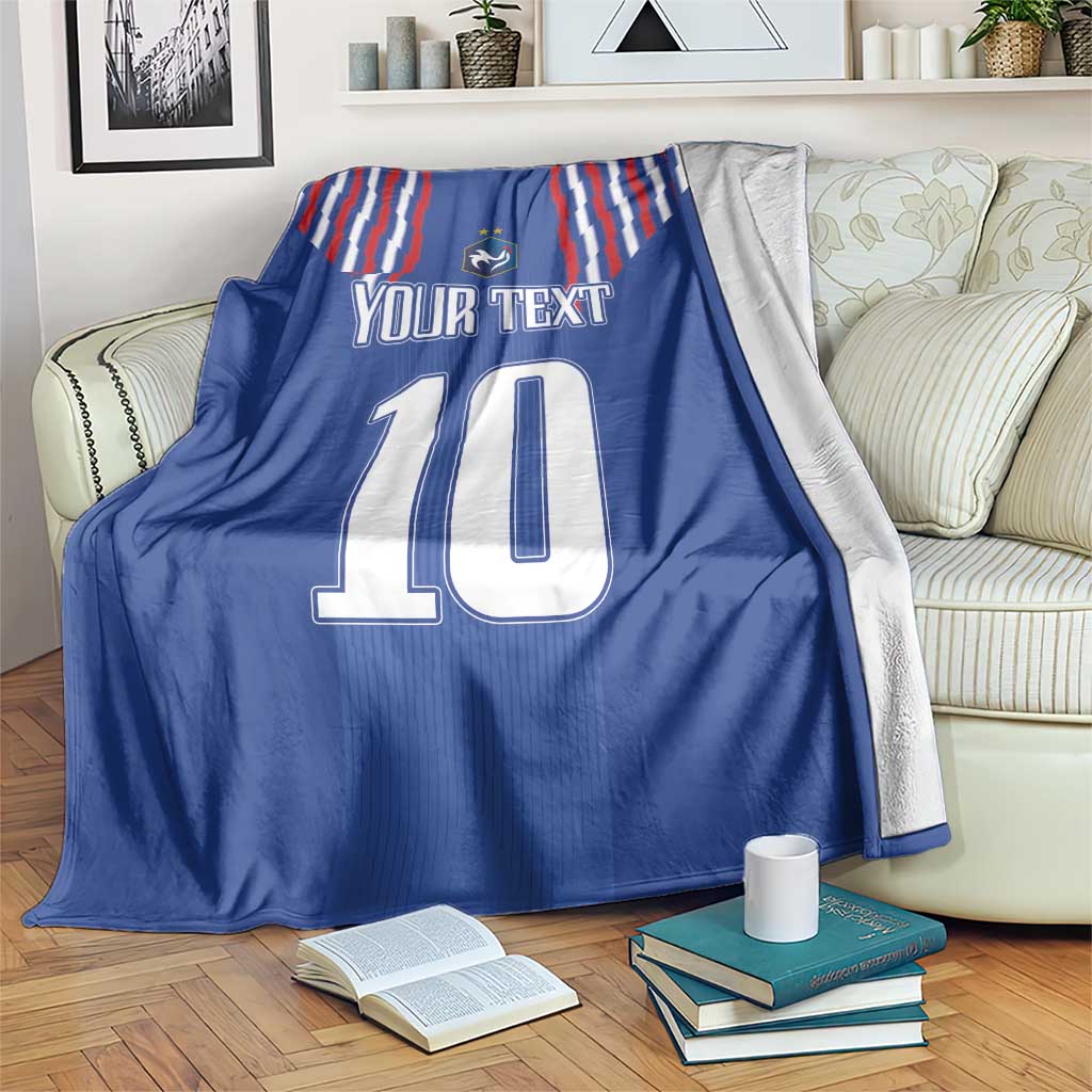 Blue football blanket with red-white stripes, crest, “YOUR TEXT” and number 10 with drape