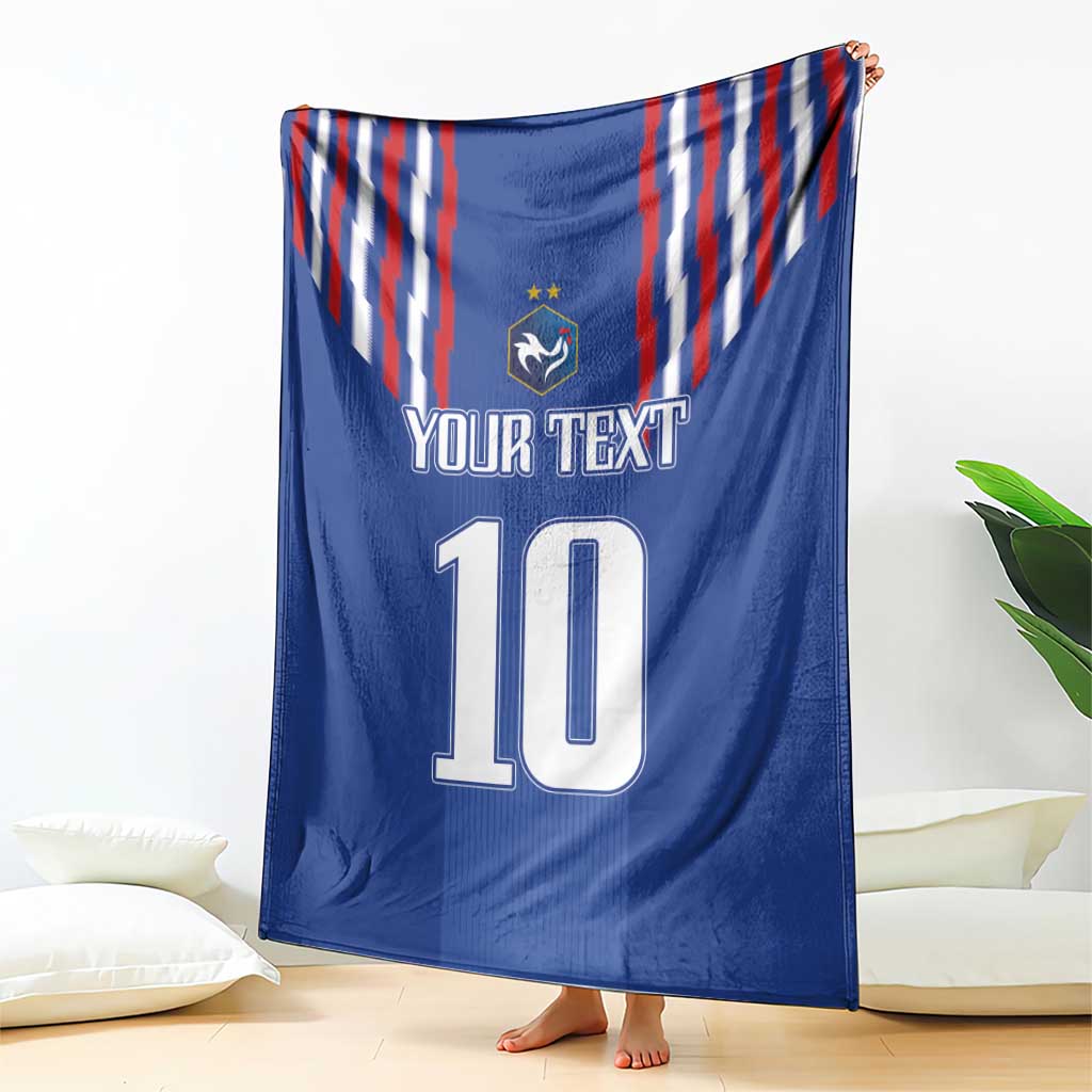 Blue football blanket with red-white vertical stripes, crest, “YOUR TEXT” and number 10