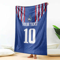 Blue football blanket with red-white vertical stripes, crest, “YOUR TEXT” and number 10