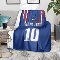 Blue football blanket with red-white stripe accents, crest, “YOUR TEXT” and number 10