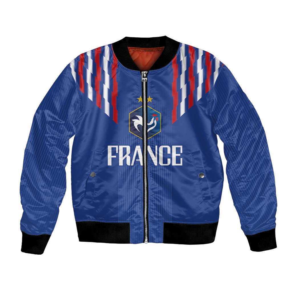 Unisex blue bomber jacket with zip front, France crest, stripe sleeves, ribbed cuffs and hem