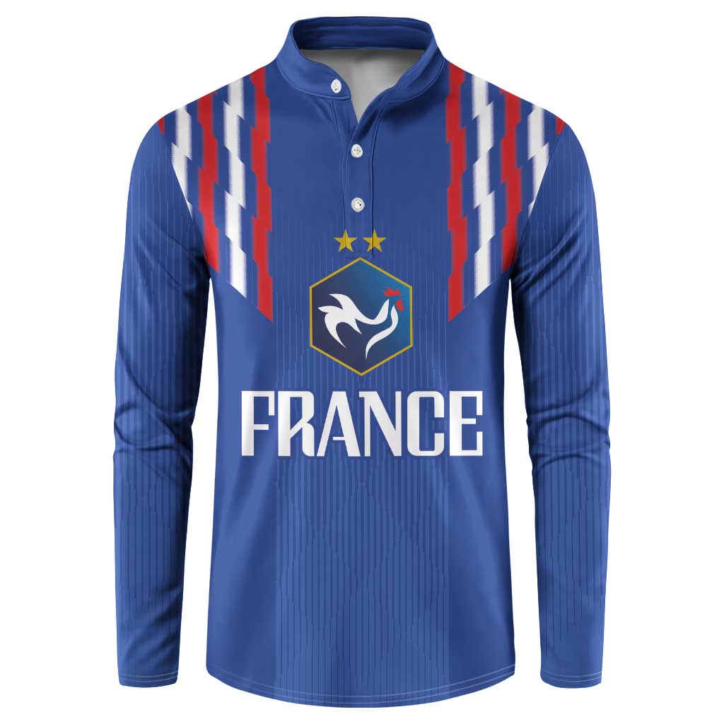 Blue football button sweatshirt with crest and FRANCE text, striped panels, long sleeves